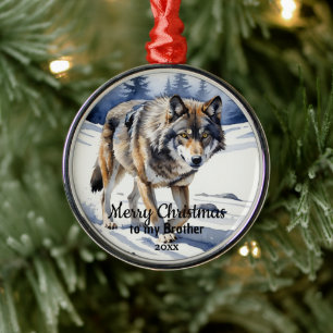 Aangepaste gedateerde kerst Wolf Animal Brother Metalen Ornament