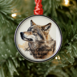 Aangepaste gedateerde kerst Wolf Animal Brother Metalen Ornament