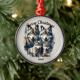 Aangepaste gedateerde kerst wolf ouders metalen ornament