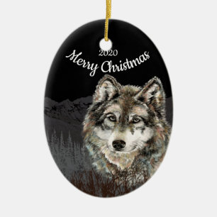 Aangepaste gedateerde Kerstmis Wolf Mountain Keramisch Ornament