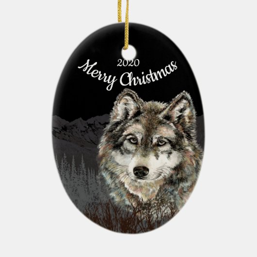 Aangepaste gedateerde Kerstmis Wolf Mountain Keramisch Ornament (Achterkant)
