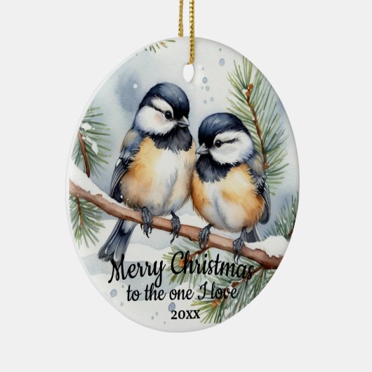 Aangepaste gedateerde Schattigee Chickadee BirdsOn Keramisch Ornament (Rechts)