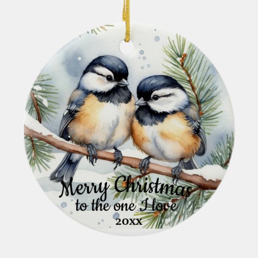 Aangepaste gedateerde Schattigee Chickadee BirdsOn Keramisch Ornament (Achterkant)