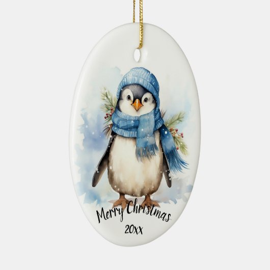 Aangepaste gedateerde Schattigee Winter Penguin Bi Keramisch Ornament (Rechts)