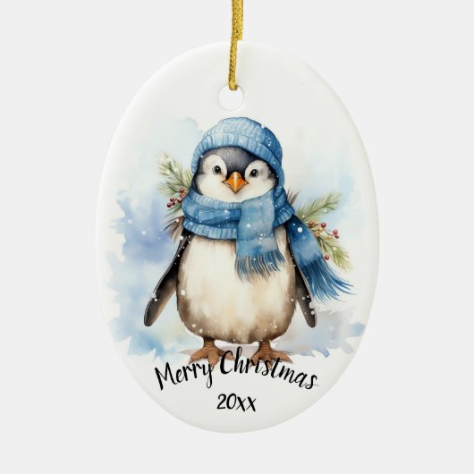 Aangepaste gedateerde Schattigee Winter Penguin Bi Keramisch Ornament (Voorkant)