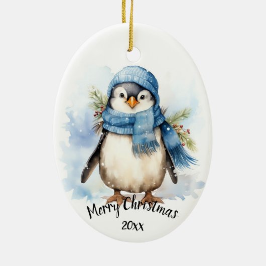 Aangepaste gedateerde Schattigee Winter Penguin Bi Keramisch Ornament (Achterkant)