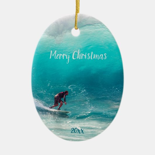 Aangepaste gedateerde Surfer Surfing Wave Curl Oce Keramisch Ornament (Voorkant)