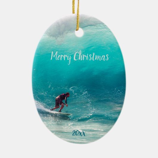 Aangepaste gedateerde Surfer Surfing Wave Curl Oce Keramisch Ornament (Achterkant)