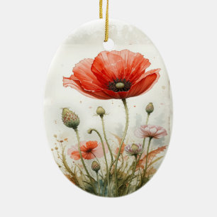 Aangepaste gedateerde Waterverf Rode Poppy  Flower Keramisch Ornament