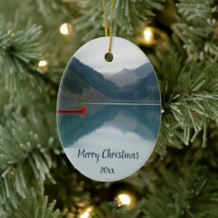 Aangepaste gedateerde Wilderness Lake Mountain kan Keramisch Ornament