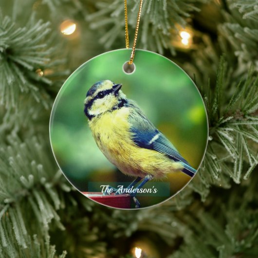 Aangepaste geel=borstvogel foto gepersonaliseerd keramisch ornament (Boom)