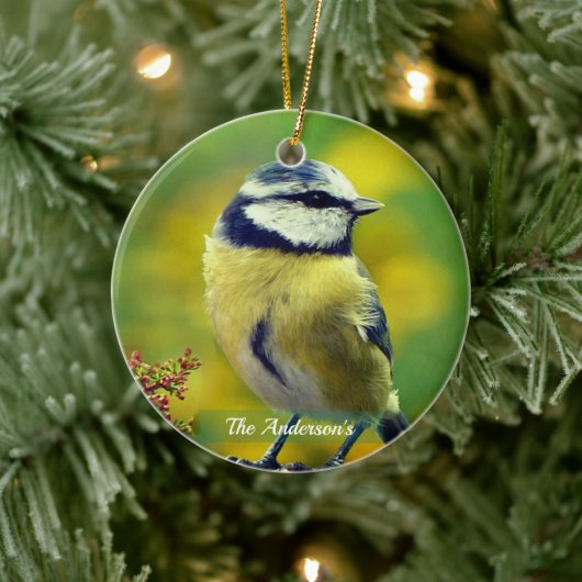 Aangepaste Geel-breasted Blue Chat Foto Keramisch Ornament (Boom)