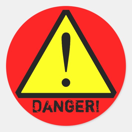 Aangepaste geel, rood & zwart waarschuwingssymbool ronde sticker (Voorkant)