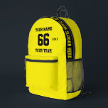 Aangepaste geel zwart Naam, Nummer, Team Sport Bedrukte Rugzak<br><div class="desc">Creëer uw eigen aangepaste gele zwarte Sport Football stijl gedrukte rugzak met naam, nummer, teamnaam, slogan en jaar. Personaliseer deze eenvoudige klassieke sjabloon voor gedrukte rugzakken met uw aangepaste bericht, naam, teamnaam en jaar. Personaliseer het gemakkelijk voor een coole sport aandenken. Creëer Uw unieke gepersonaliseerde cadeau voor coach, meisjesverjaardag, football...</div>