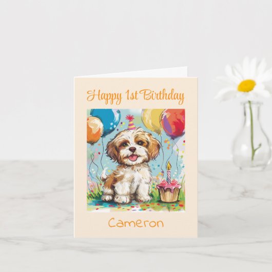 Aangepaste Gefeliciteerd 1e Verjaardag, Puppy Kaart (Kleine Plant)