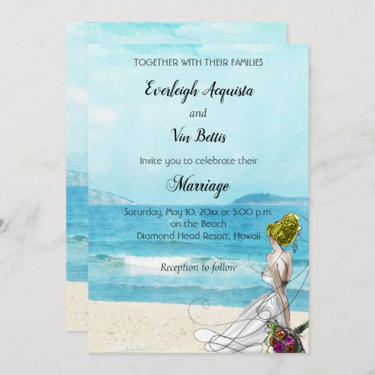 Aangepaste geïllustreerde uitnodiging voor weddens (Voorkant / Achterkant)