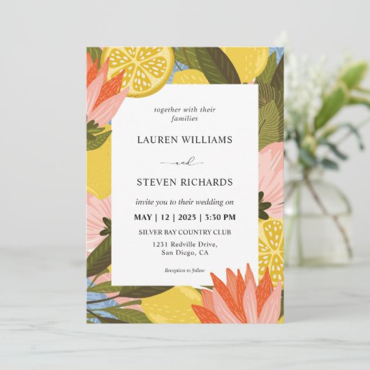 Aangepaste Gele Citroenbloesem Fancy bruiloft Kaart (Staand voorkant)