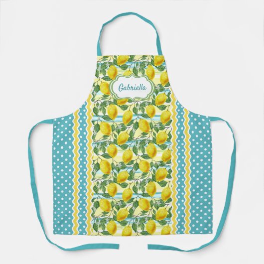 Aangepaste gele citroenen groene bladeren op turqu schort (Voorkant)