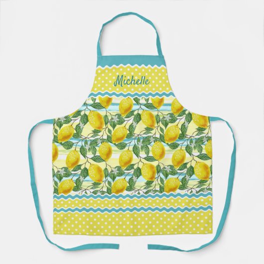 Aangepaste, gele leemons groene bladeren op geel schort (Voorkant)