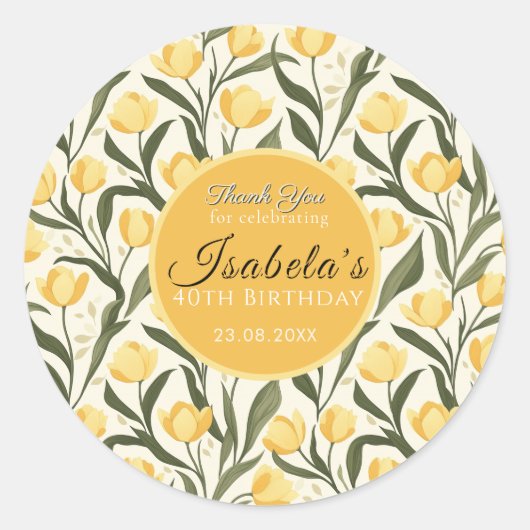 Aangepaste gele tulp verjaardagsfeest met thema ronde sticker (Voorkant)