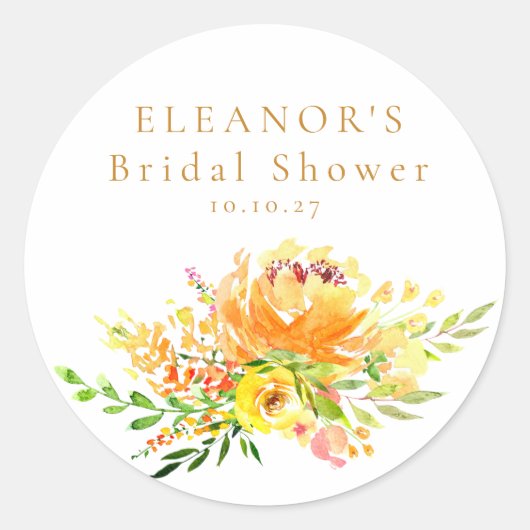 Aangepaste gele waterverf bloem bruiloftsdouche ronde sticker (Voorkant)