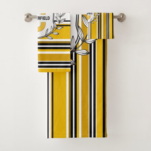 Aangepaste gele zwarte strepen monogram bad handdoek (Insitu)