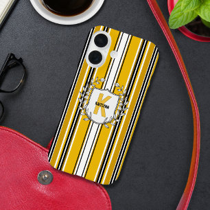 Aangepaste gele zwarte strepen monogram iPhone 16 hoesje