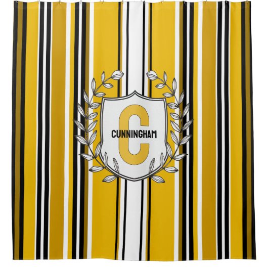 Aangepaste gele zwarte strepen monogram douchegordijn (Voorkant)