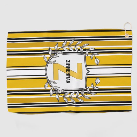 Aangepaste gele zwarte strepen monogram golfhanddoek (Horizontaal)