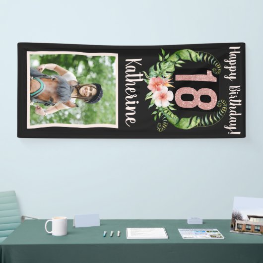 Aangepaste Gelukkige 18e Verjaardag Roze Glitter F Spandoek (Beurs)