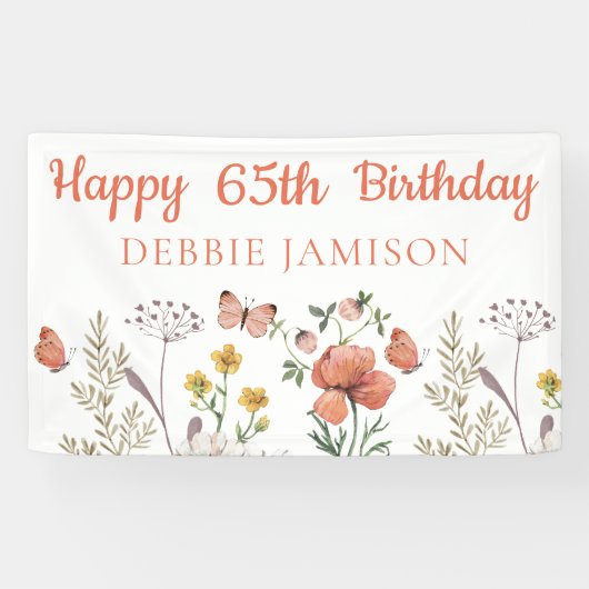 Aangepaste gelukkige 65e verjaardag wilde bloemen spandoek (Horizontaal)