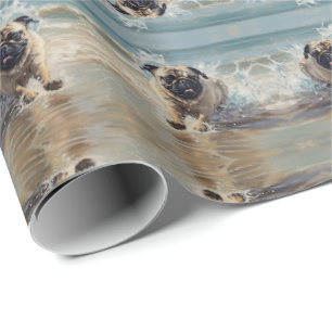 Aangepaste Gelukkige Pug aan het Strand Cadeaupapier