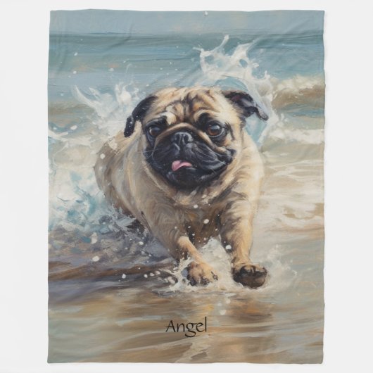 Aangepaste Gelukkige Pug aan het Strand Fleece Deken (Voorkant)