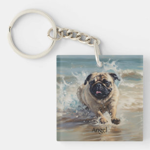 Aangepaste Gelukkige Pug aan het Strand Sleutelhanger