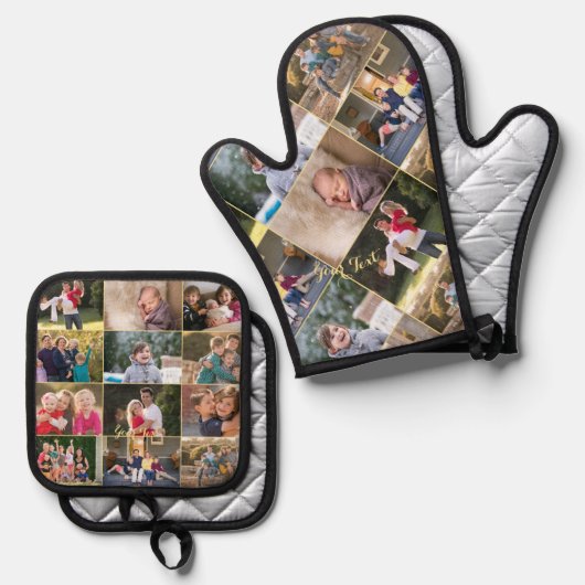 Aangepaste gepersonaliseerde 17 Fotocollage Goud M Ovenwant & Pannenlap Set (Voorkant / Achterkant)