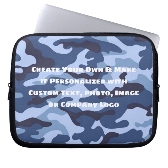 Aangepaste gepersonaliseerde blauwe en zwarte camo laptop sleeve (Voorkant)