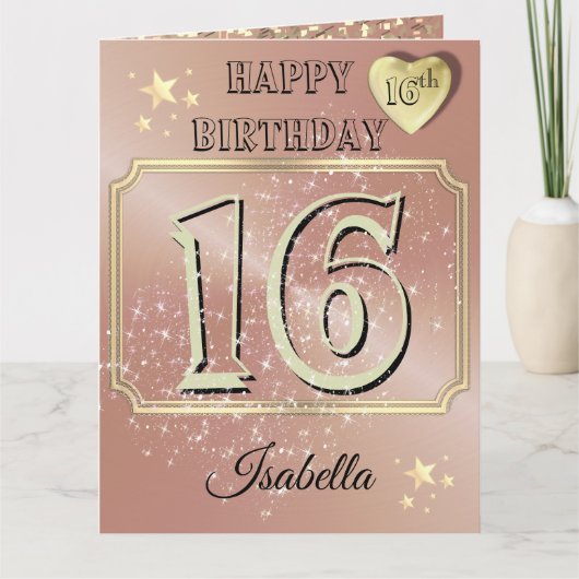 Aangepaste Gepersonaliseerde Roos Goud 16e Verjaar Kaart (Voorkant)