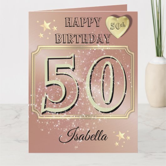 Aangepaste Gepersonaliseerde Roos Goud 50ste Verja Kaart (Voorkant)