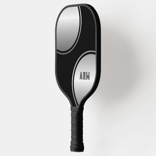 Aangepaste gepersonaliseerde zilver op zwart pickleball paddle (Links)