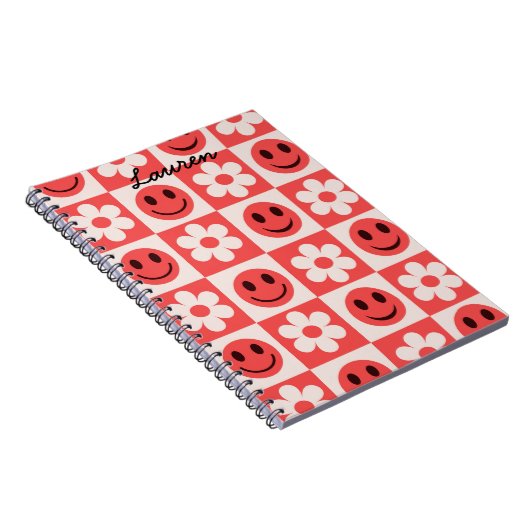 Aangepaste geruite bloemen en Happy Faces Rood Notitieboek (Rechterzijde)