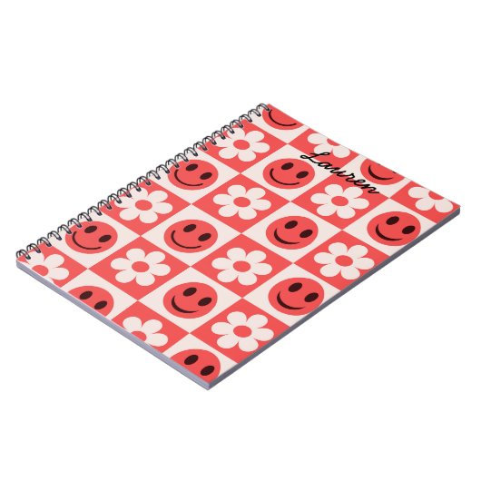 Aangepaste geruite bloemen en Happy Faces Rood Notitieboek (Linkerzijde)