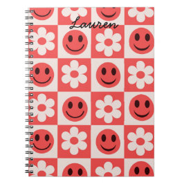 Aangepaste geruite bloemen en Happy Faces Rood Notitieboek