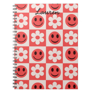 Aangepaste geruite bloemen en Happy Faces Rood Notitieboek