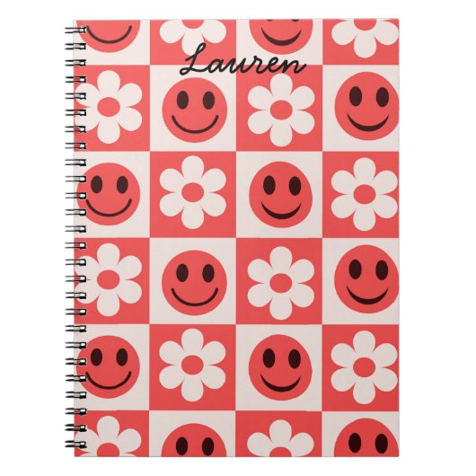 Aangepaste geruite bloemen en Happy Faces Rood Notitieboek (Voorkant)