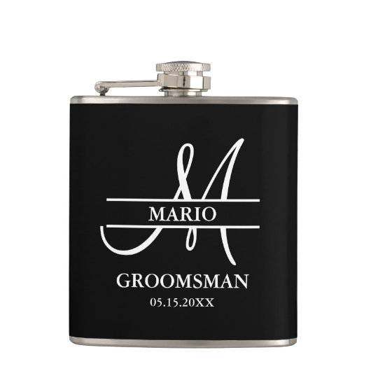 Aangepaste getuige bruidegom trouw monogram zwart heupfles (Voorkant)