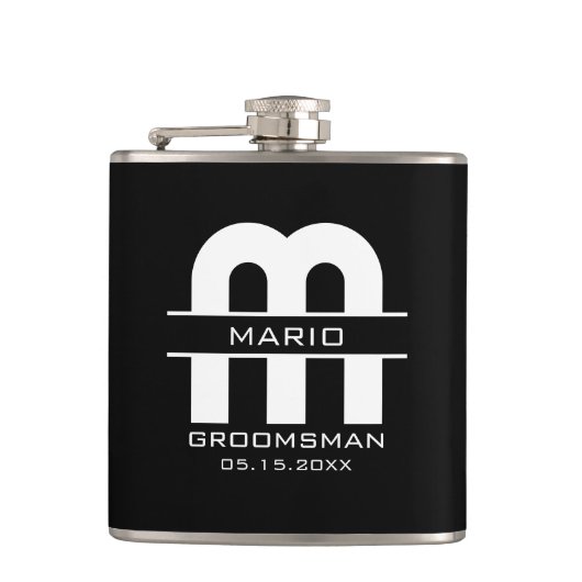 Aangepaste getuige bruidegom trouw monogram zwart heupfles (Voorkant)