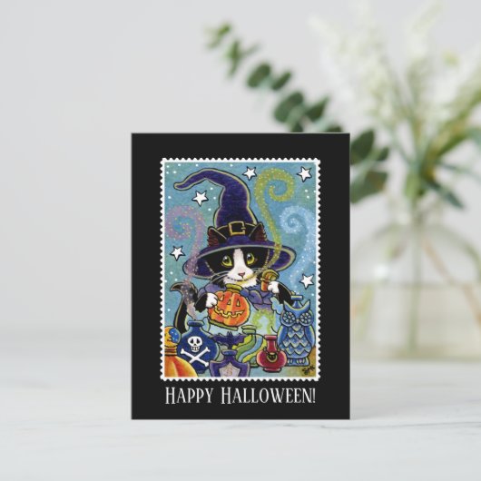 Aangepaste "geur van Halloween" Cat Witch Briefkaart (Staand voorkant)