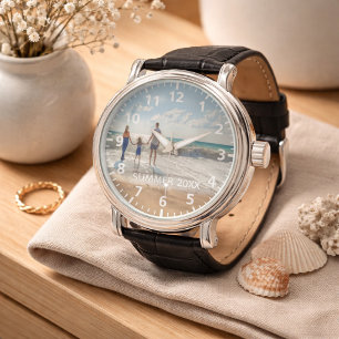 Aangepaste gezelfoto zomervakantie tekst wit horloge