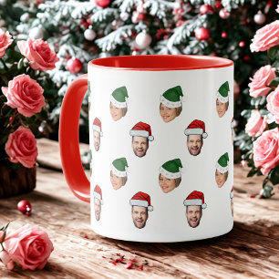 Aangepaste Gezicht 2 Foto's Santa Hat Kerstcadeau Mok