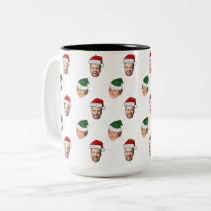 Aangepaste Gezicht 2 Foto's Santa Hat Kerstcadeau Tweekleurige Koffiemok